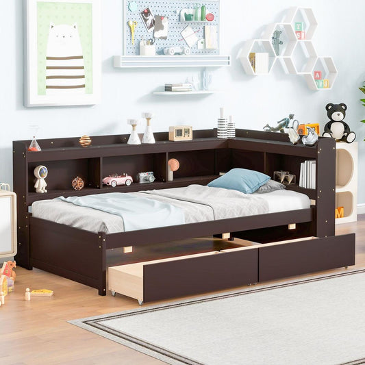 Twin Bed with L-shaped Bookcases,Drawers,Espresso