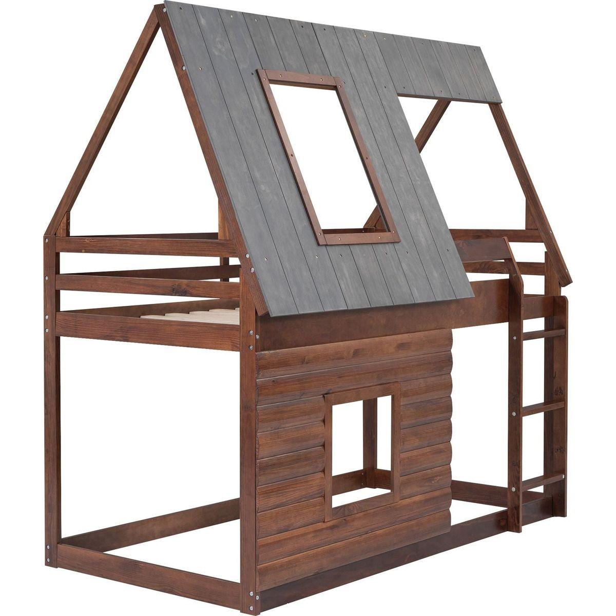 Wood Twin Size House Bunk Bed with Roof, Ladder and 2 Windows, Oak & Smoky Grey