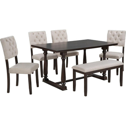 6-Piece Dining Table and Chair Set with Special-shaped Legs and Foam-covered Seat Backs&Cushions for Dining Room (Espresso)