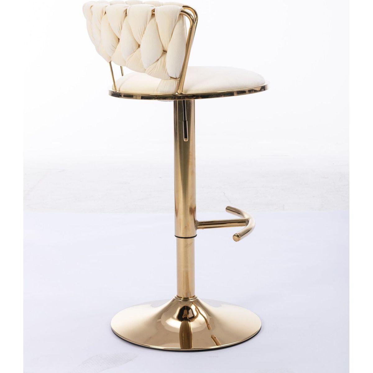 Set of 2 Bar Stools, with Chrome Footrest and Base Swivel Height Adjustable Mechanical Lifting Velvet + Golden Leg Simple Bar Stool-Cream - Streamdale Furniture