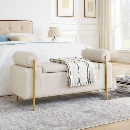 Elegant Upholstered Linen Storage Bench with Cylindrical Arms and Iron Legs for Hallway Living Room Bedroom, Beige