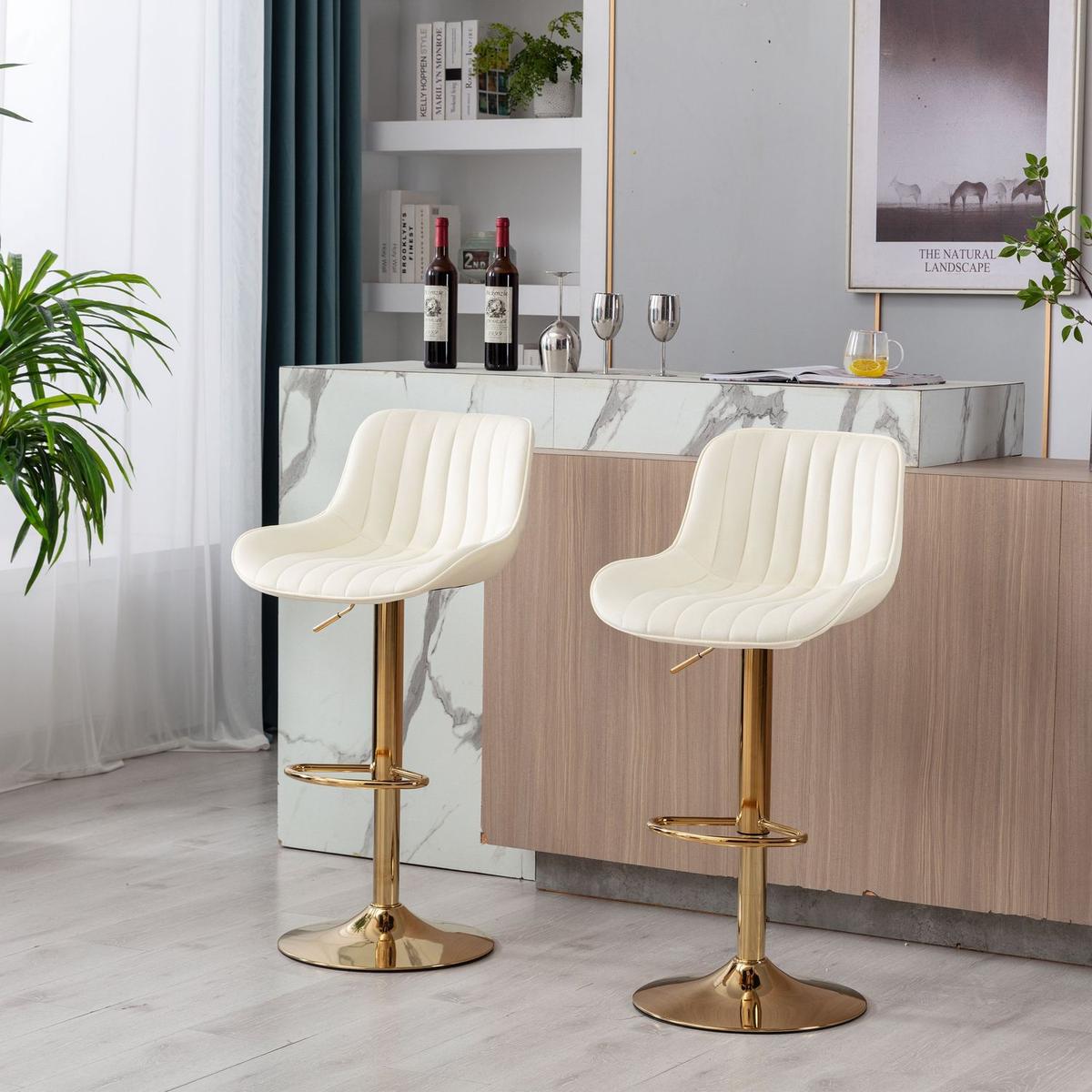 Chrome Footrest and Base Swivel Height Adjustable Mechanical Lifting Velvet + Golden Leg Simple Bar Stool, Set of 2, Ivory - Streamdale Furniture