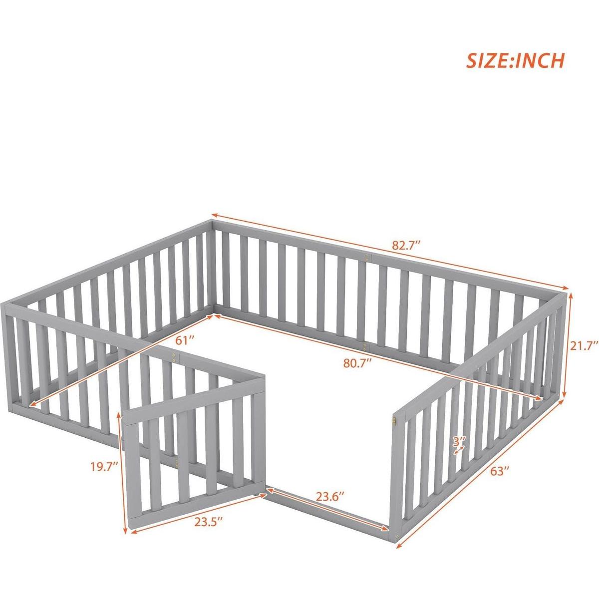 Queen Size Wood Floor Bed Frame with Fence and Door, Gray