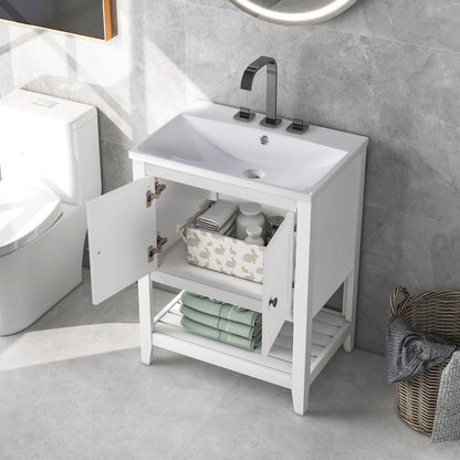 24" White Modern Sleek Bathroom Vanity Elegant Ceramic Sink with Solid Wood Frame Open Style Shelf