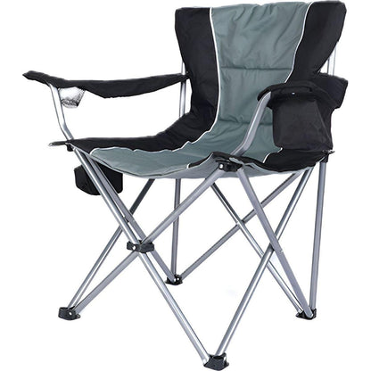 Oversized Camping Folding Chair with Cup Holder, Side Cooler Bag, Heavy Duty Steel Frame Fully P Added Quad Armchair for Outdoors, 1-Pack, Grey