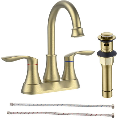 Bathroom Faucet Brushed Gold with Pop up Drain & Supply Hoses 2-Handle 360 Degree High Arc Swivel Spout Centerset 4 Inch Vanity Sink Faucet