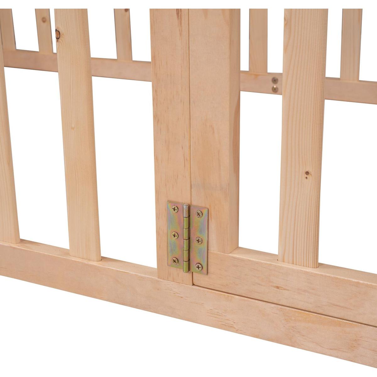 Twin Size Wood Floor Bed Frame with Fence and Door, Natural - Streamdale Furniture