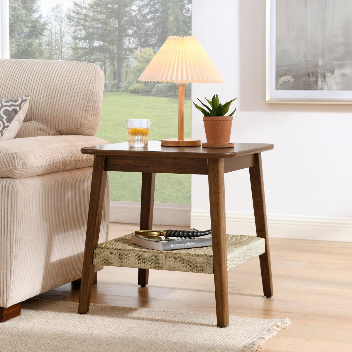 23" Mid-Century Side Table with Woven Shelf, Boho Side Table with Storage, Bedside Tables, Small Side Table for Living Room Couch Bedroom Patio Home Office - Streamdale Furniture