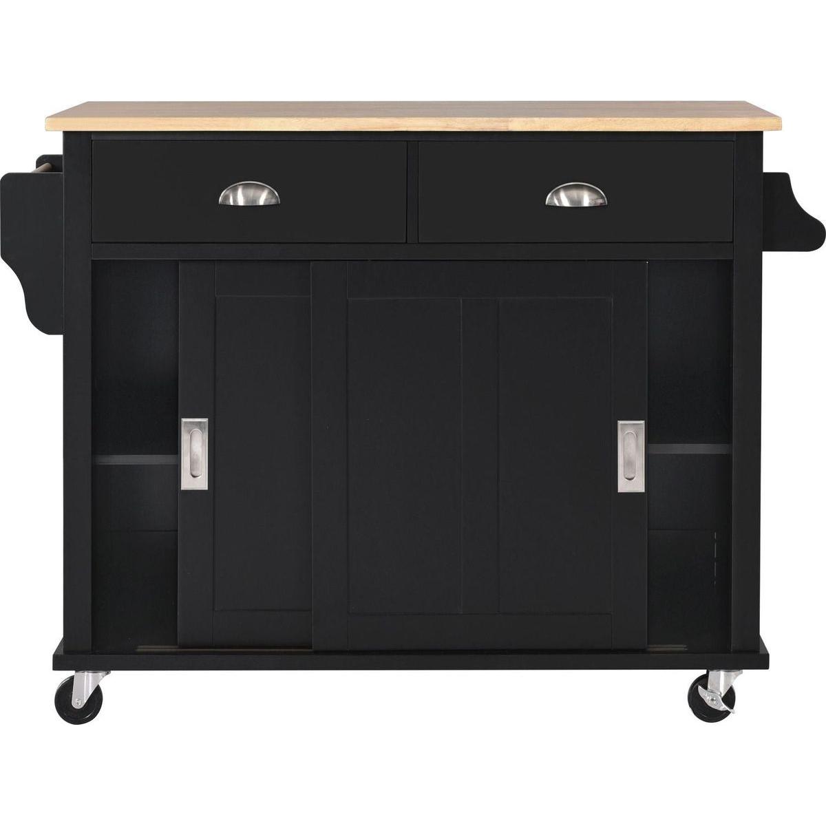 Kitchen Cart with Rubber wood Drop-Leaf Countertop, Concealed sliding barn door adjustable height, Kitchen Island on 4 Wheels with Storage Cabinet and 2 Drawers, L52.2xW30.5xH36.6 inch, Black