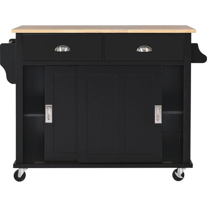 Kitchen Cart with Rubber wood Drop-Leaf Countertop, Concealed sliding barn door adjustable height, Kitchen Island on 4 Wheels with Storage Cabinet and 2 Drawers, L52.2xW30.5xH36.6 inch, Black