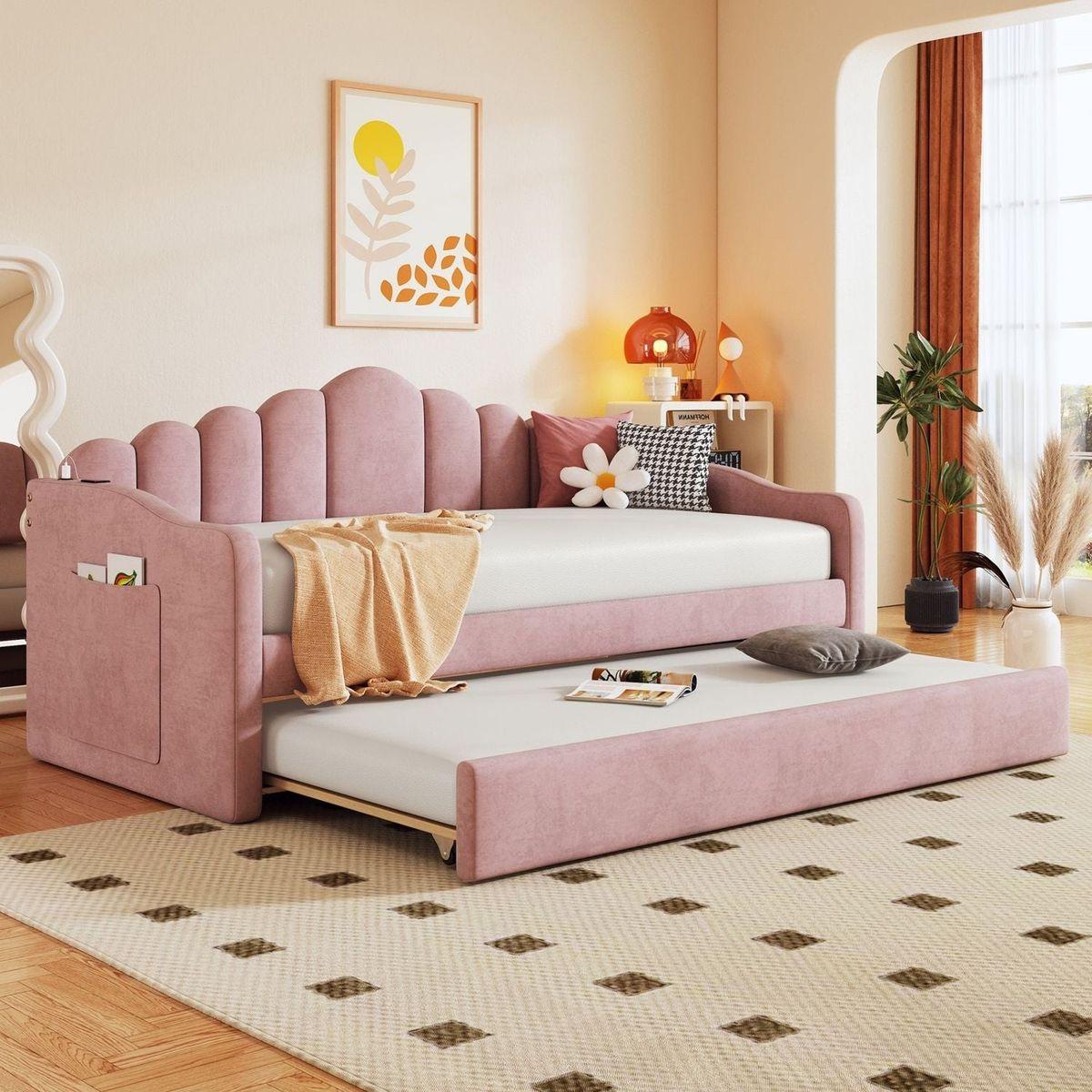 Twin size Upholstered Daybed with Trundle, Velvet Sofabed with USB Charging Ports,No Box-spring Needed,Pink