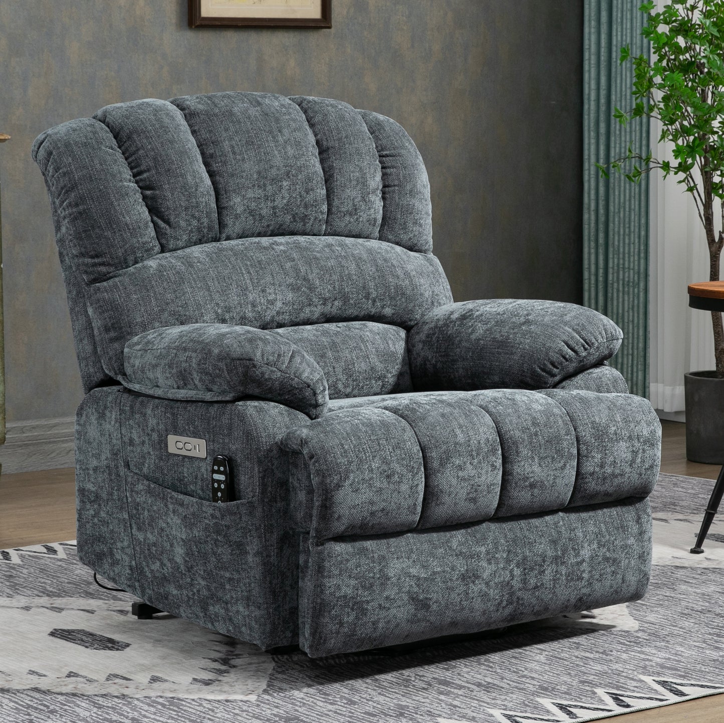 23" Seat Width and High Back Medium Size Blue Chenille Power Lift Recliner Chair with 8-Point Vibration Massage and Lumbar Heating