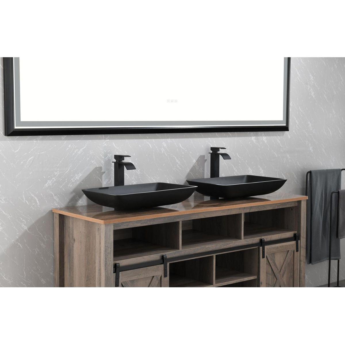 14.38" L -22.25" W -4-3/8 in. H Matte Shell Glass Rectangular Vessel Bathroom Sink in Black with Faucet and Pop-Up Drain in Matte Black