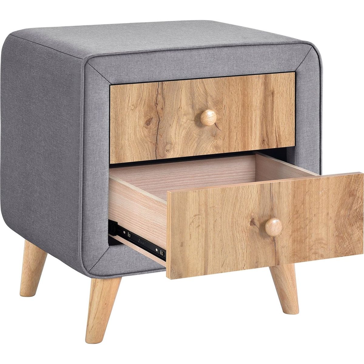 Upholstered Wooden Nightstand with 2 Drawers, Fully Assembled Except Legs and Handles, Bedside Table with Rubber Wood Leg-Gray