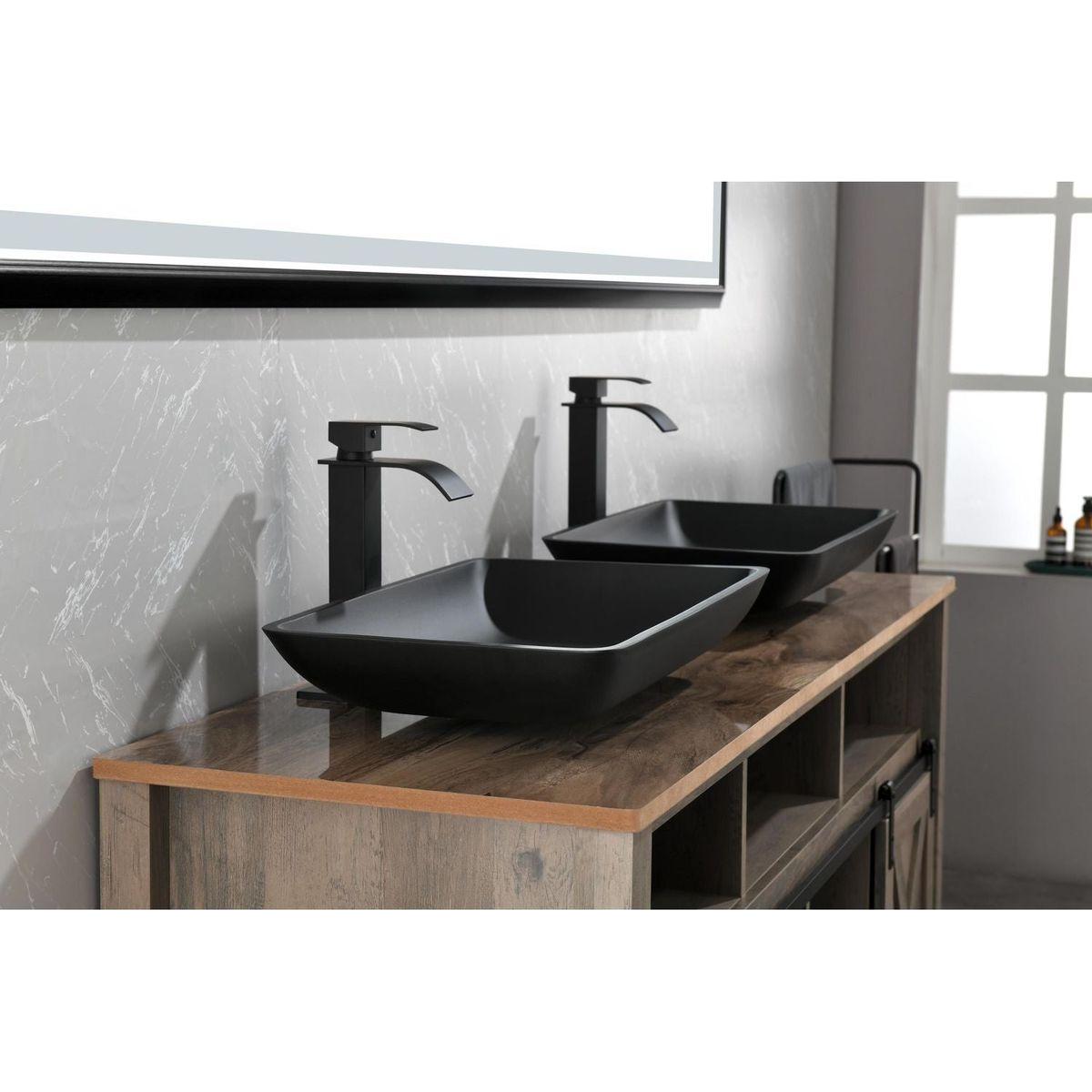 14.38" L -22.25" W -4-3/8 in. H Matte Shell Glass Rectangular Vessel Bathroom Sink in Black with Faucet and Pop-Up Drain in Matte Black