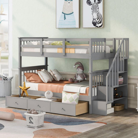 Stairway Twin-Over-Twin Bunk Bed with Three Drawers for Bedroom, Dorm - Gray