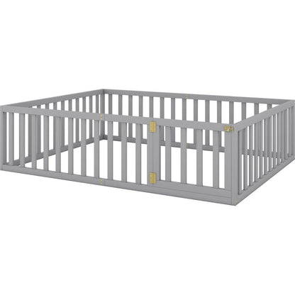 Queen Size Wood Floor Bed Frame with Fence and Door, Gray