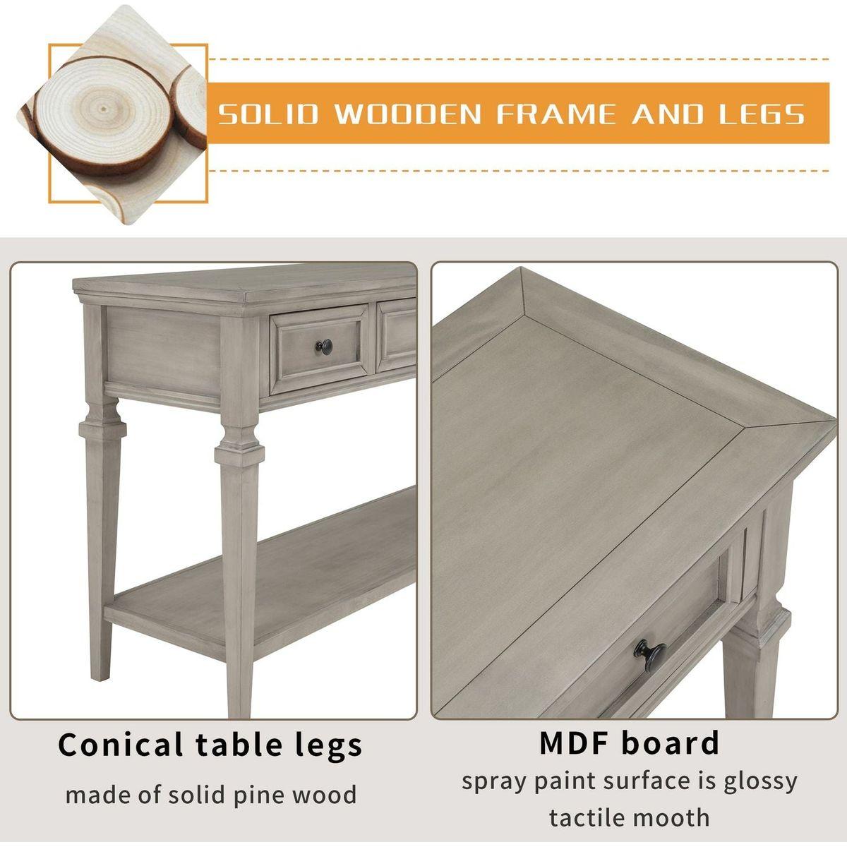 Classic Retro Style Console Table with Three Top Drawers and Open Style Bottom Shelf, Easy Assembly (Gray Wash)