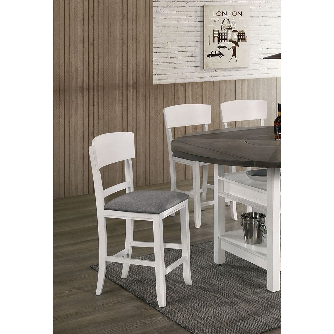 Contemporary Dining Room Counter Height Chairs Set of 2 Chairs only White Solid wood Gray Padded Fabric Seat