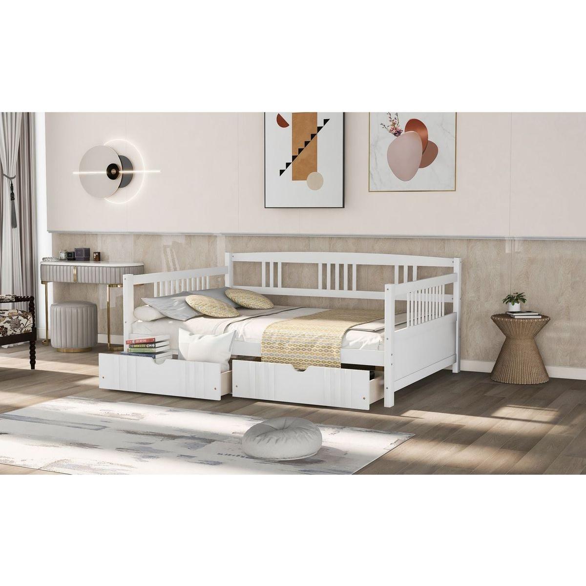Full Size Daybed Wood Bed with Two Drawers, White - Streamdale Furniture