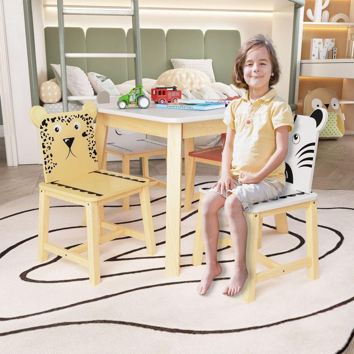 5 Piece Kiddy Table and Chair Set, Kids Wood Table with 4 Chairs Set Cartoon Animals (bigger table) (3-8 years old)