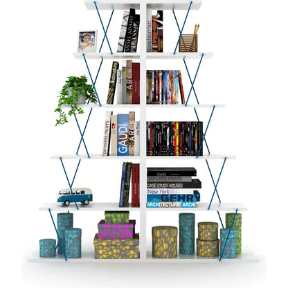 Furnish Home Store Modern 5 Tier Ladder Bookshelf Organizers, Narrow Bookshelf for Small Spaces Office Furniture Bookcase, White/Blue