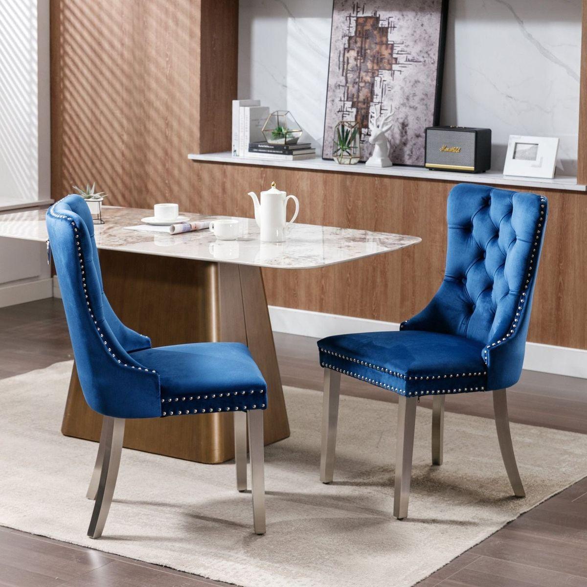 Nikki Collection Modern, High-end Tufted Solid Wood Contemporary Velvet Upholstered Dining Chair with Chrome Stainless Steel Plating Legs, Nailhead Trim, Set of 2, Blue and Chrome