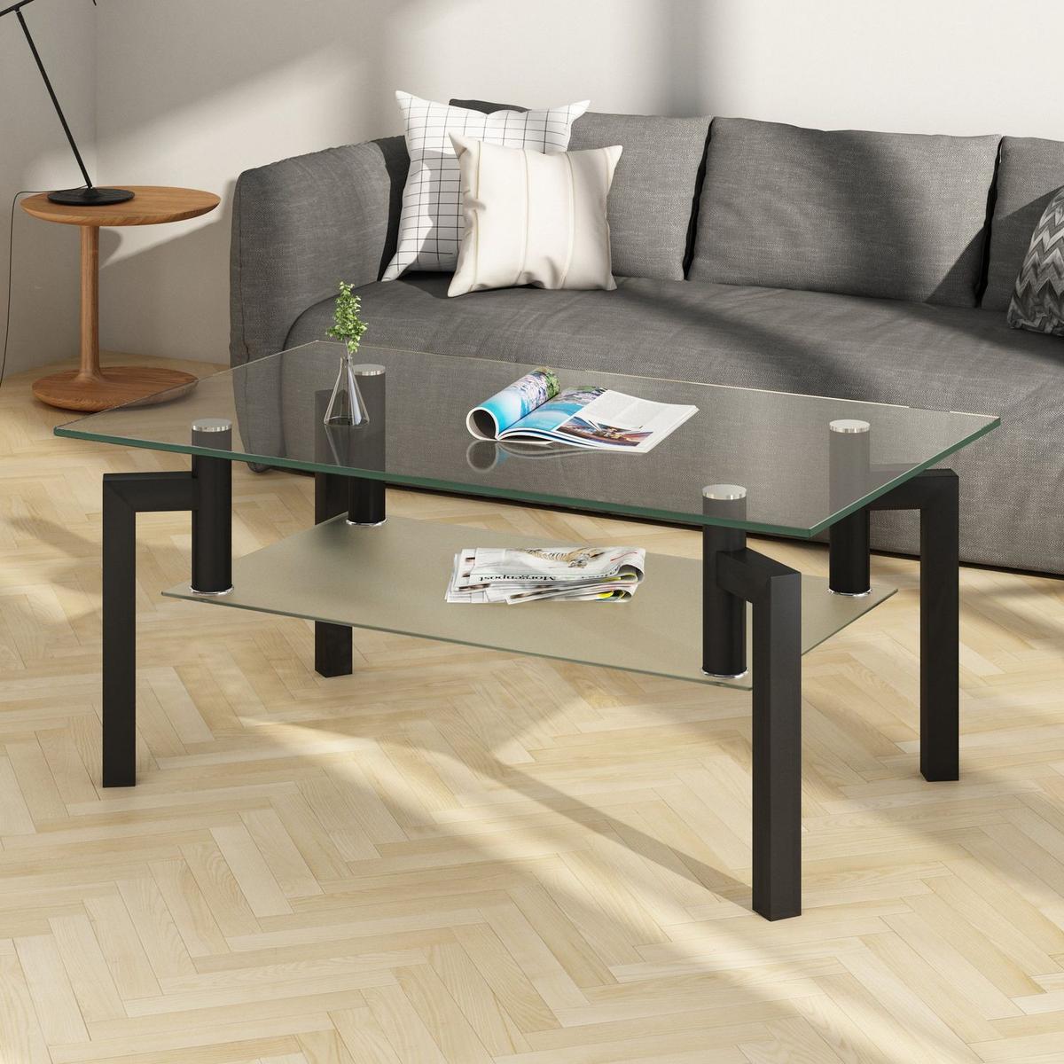 Rectangle Black Glass Coffee Table, Clear Coffee Table, Modern Side Center Tables for Living Room, Living Room Furniture