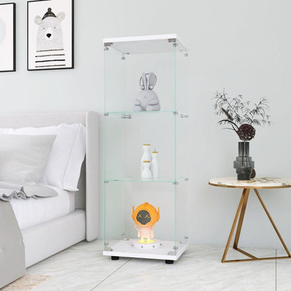Glass Display Cabinet with 3 Shelves, One-Door Curio Cabinets for Living Room, Bedroom, Office, White Floor Standing Glass Bookshelf, Quick Installation
