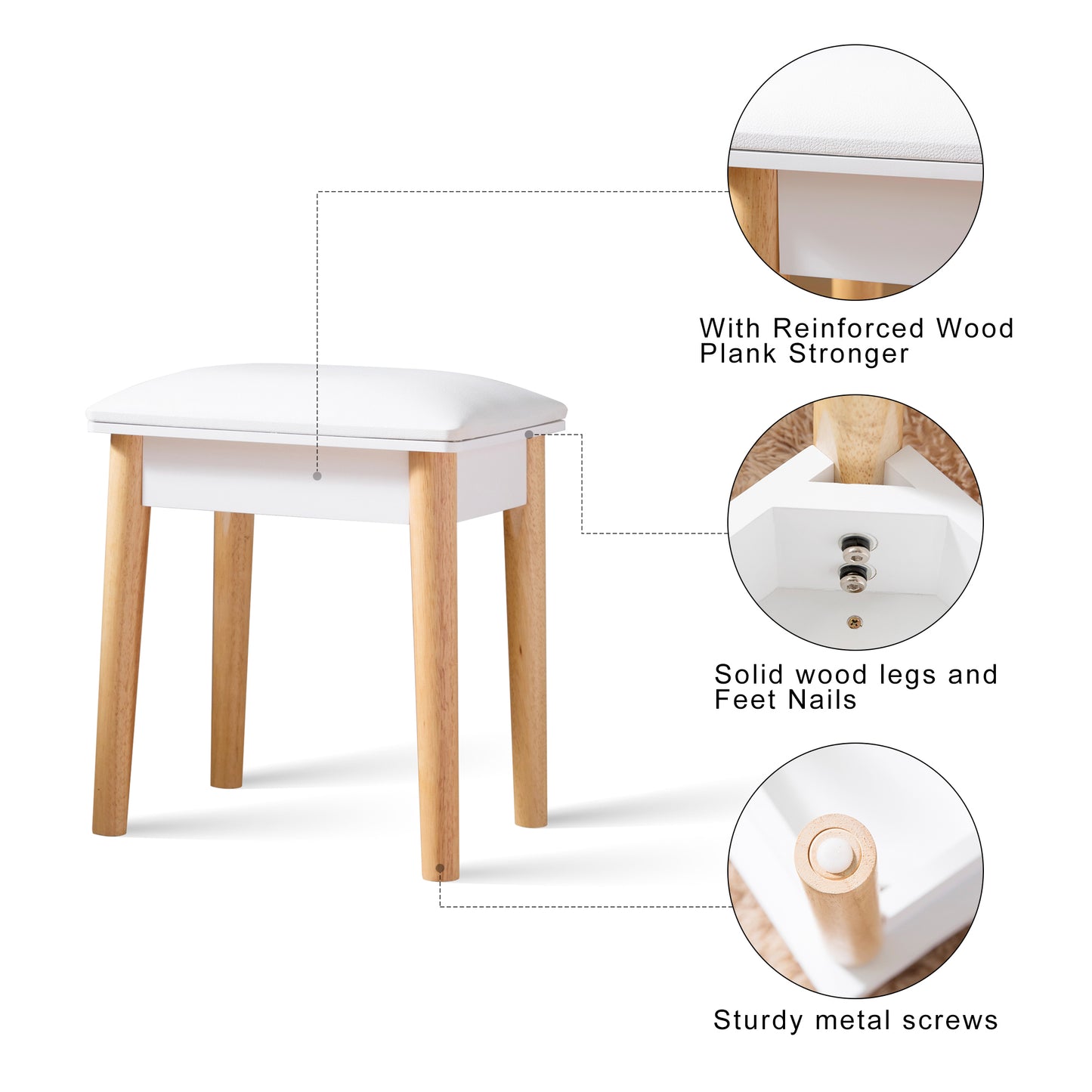 Wooden Vanity Stool Makeup Dressing Stool with PU Seat, White