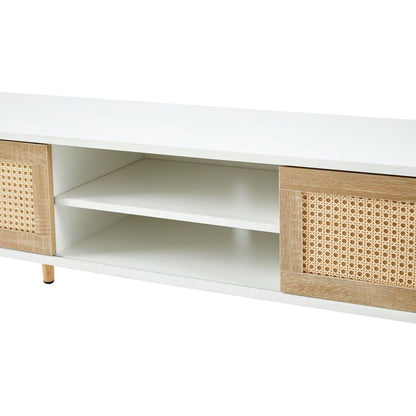 55.12" Rattan TV cabinet, double sliding doors for storage, adjustable shelf, solid wood legs, TV console for living room, White