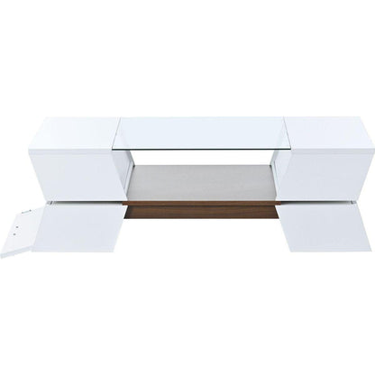 6mm Glass-Top Coffee Table with Open Shelves and Cabinets, Geometric Style Cocktail Table with Great Storage Capacity, Modernist 2-Tier Center Table for Living Room, White