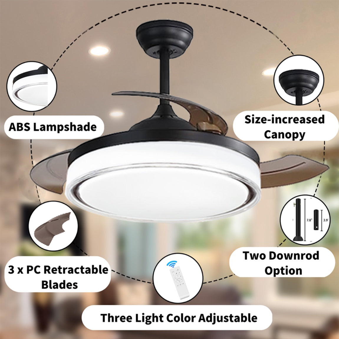 42 inch Retractable Ceiling Fans with Lights Remote Control,Fandelier Flush Mount Modern Ceiling Fan with Bladeless Ceiling Fan,LED Dimmable Light,Silent Fan Noiseless DC Motor