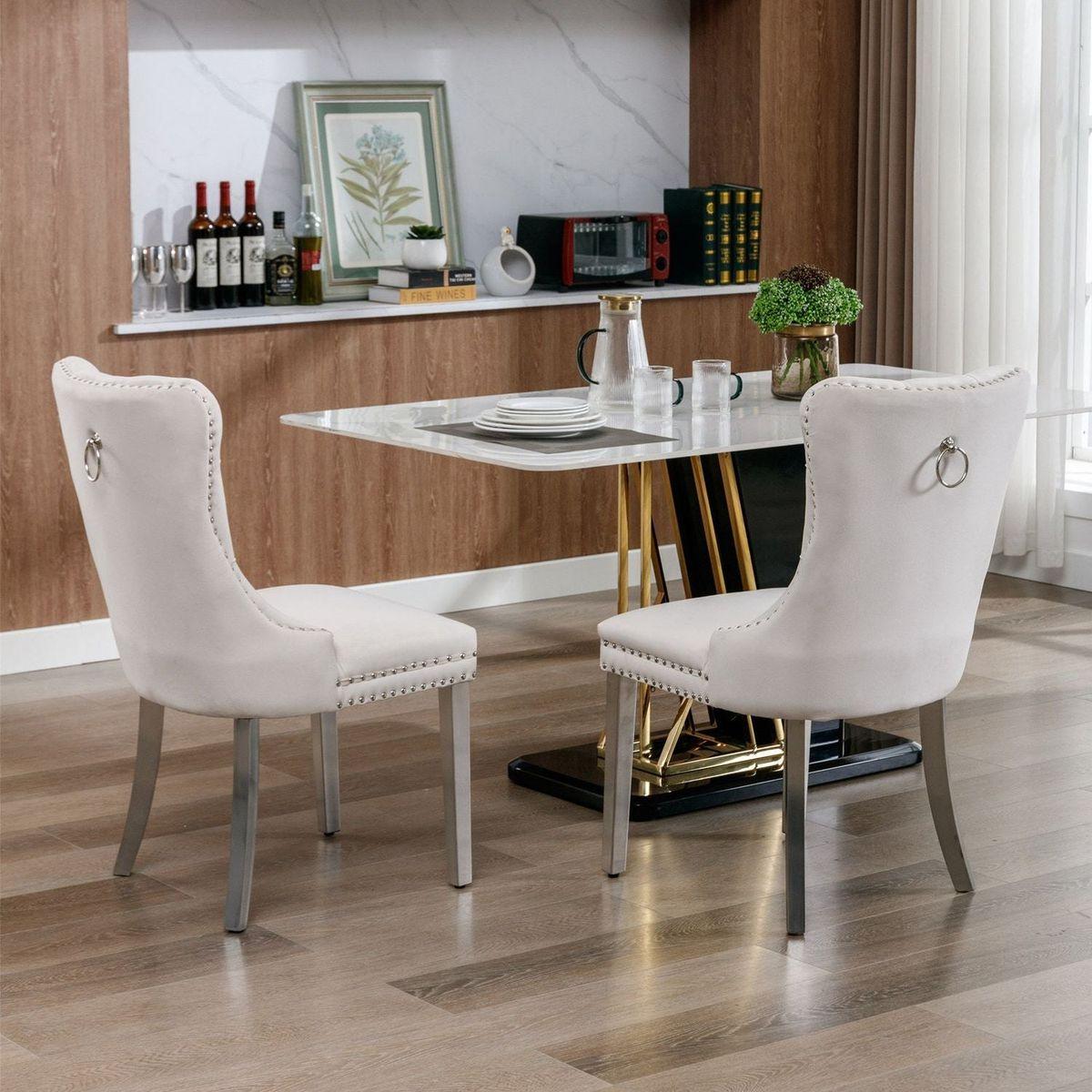 Nikki Collection Modern, High-end Tufted Solid Wood Contemporary Velvet Upholstered Dining Chair with Chrome Stainless Steel Plating Legs, Nailhead Trim, Set of 2eige and Chrome