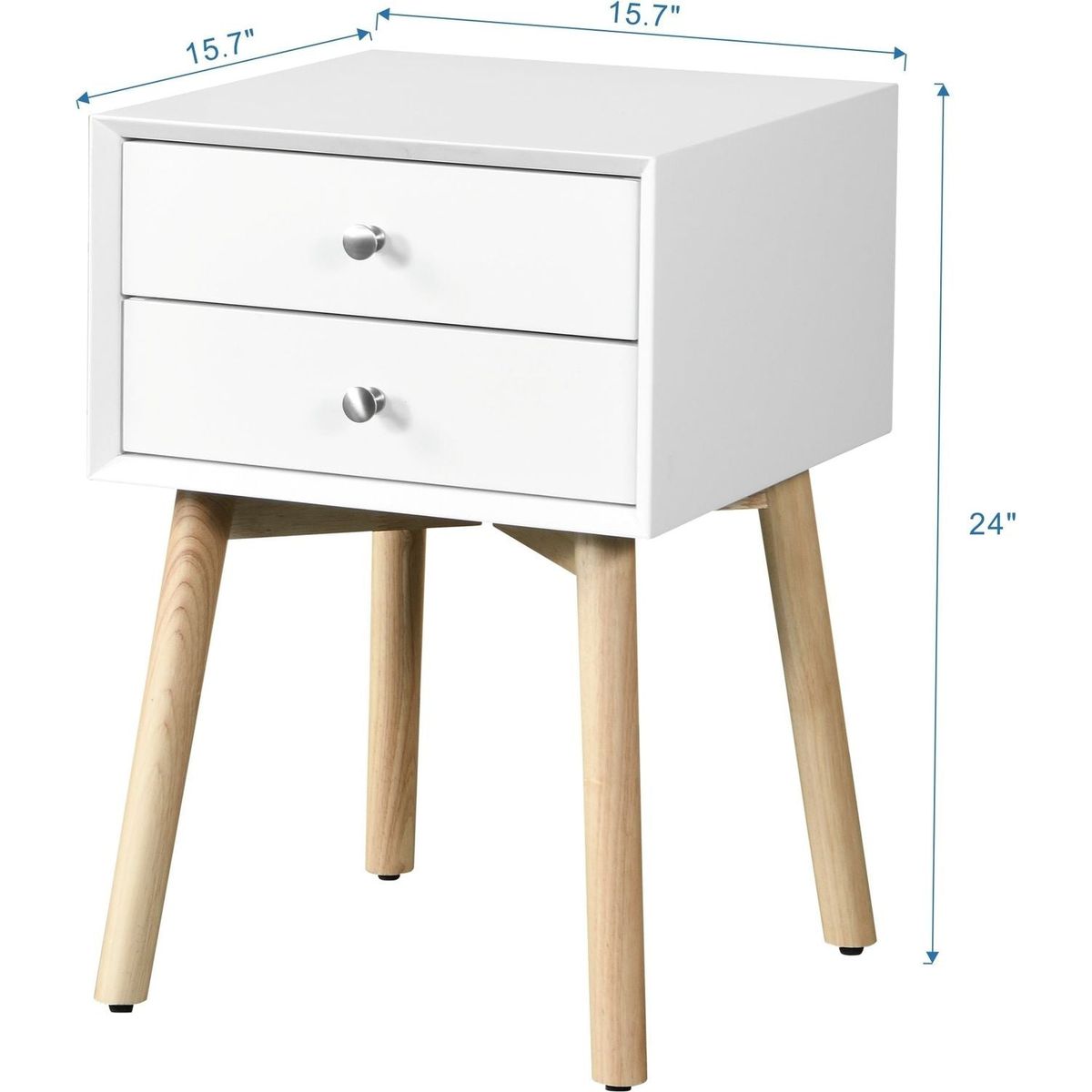 Side Table, Bedside Table with 2 Drawers and Rubber Wood Legs, Mid-Century Modern Storage Cabinet for Bedroom Living Room, White