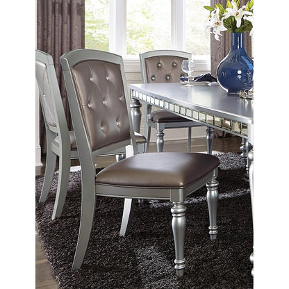 Glamorous 2pc Set Wooden Side Chairs Silver Finish Crystal Button Tufted Faux Leather Upholstered Dining Chairs