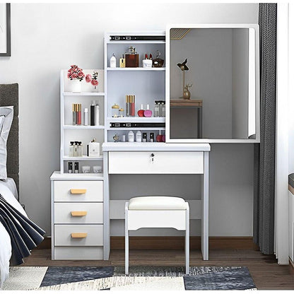 Fashion Vanity Desk with Mirror and Lights for Makeup and Chair, Vanity Mirror with Lights and Table Set with 3 Color Lighting Brightness Adjustable, 4 Drawers, White Color