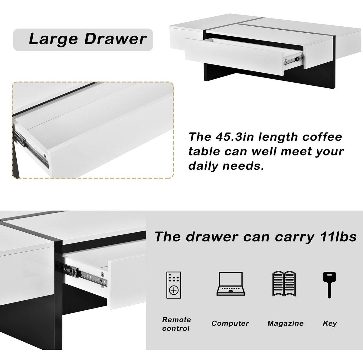 Contemporary Rectangle Design Living Room Furniture, Modern High Gloss Surface Cocktail Table, Center Table for Sofa or Upholstered Chairs5.2x25.5x13.7in