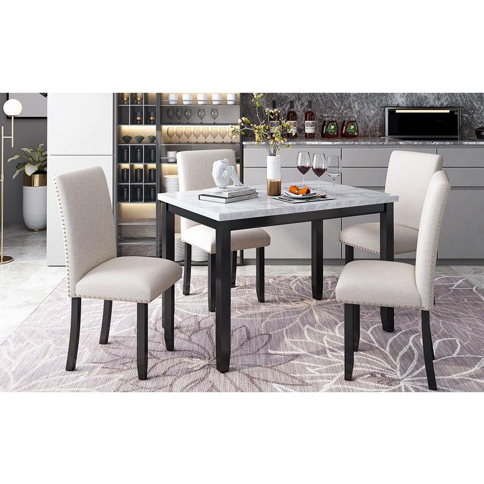 Faux Marble 5-Piece Dining Set Table with 4 Thicken Cushion Dining Chairs Home Furniture, White/Beige+Black