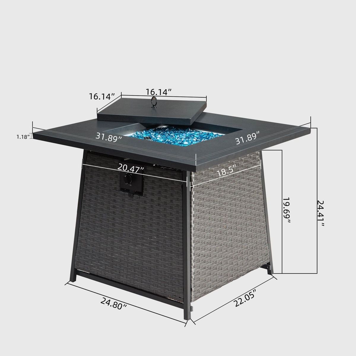 32 Inch Propane Fire Pits Table with Blue Glass Ball, 50,000 BTU Outdoor Wicker Fire Table with ETL-Certified, 2-in-1 Square Steel Gas Firepits (Dark Gray)