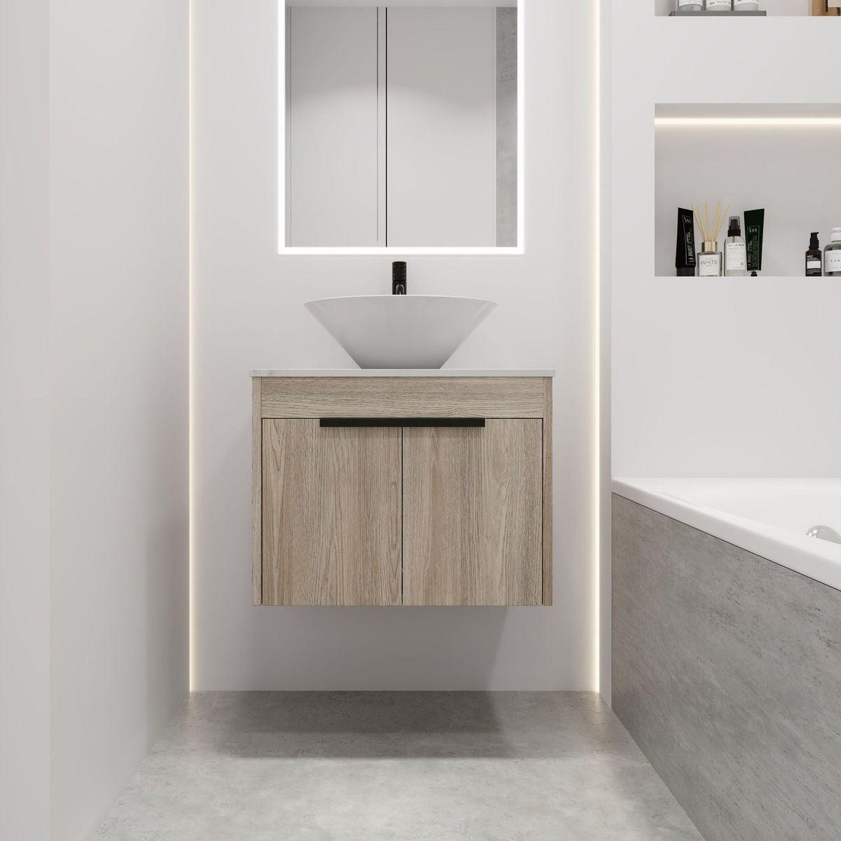 24" Modern Design Float Bathroom Vanity With Ceramic Basin Set, Wall Mounted White Oak Vanity With Soft Close Door, KD-PackingD-Packing Pieces