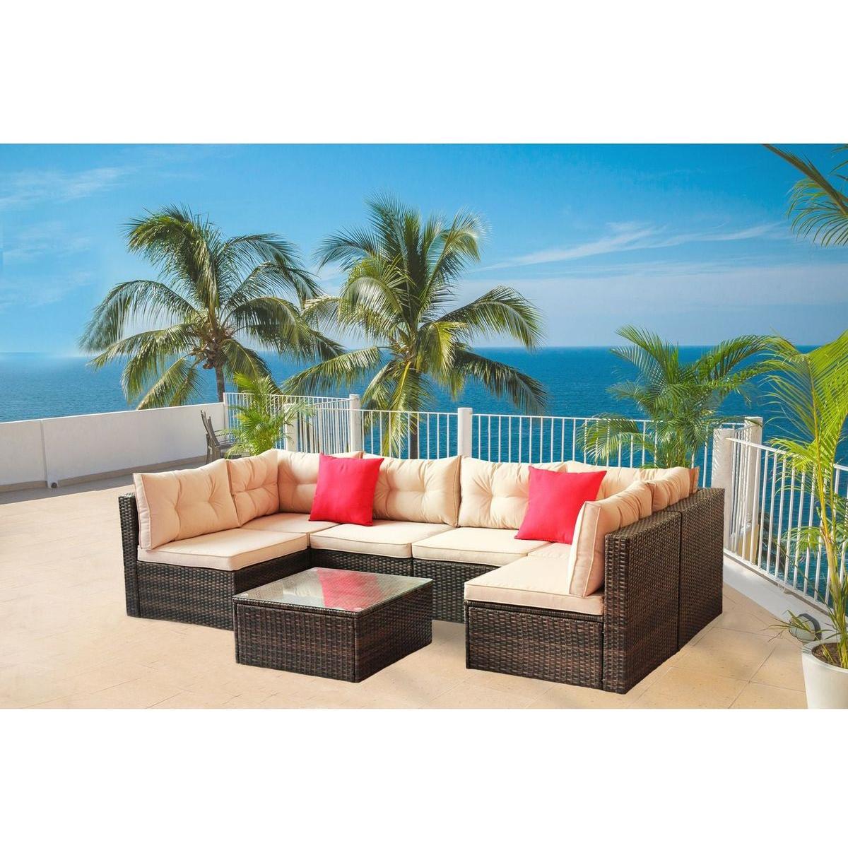 Patio Furniture Set PE Rattan Sectional Garden Furniture Corner Sofa Set (7 Pieces, Shallow brownCushion)