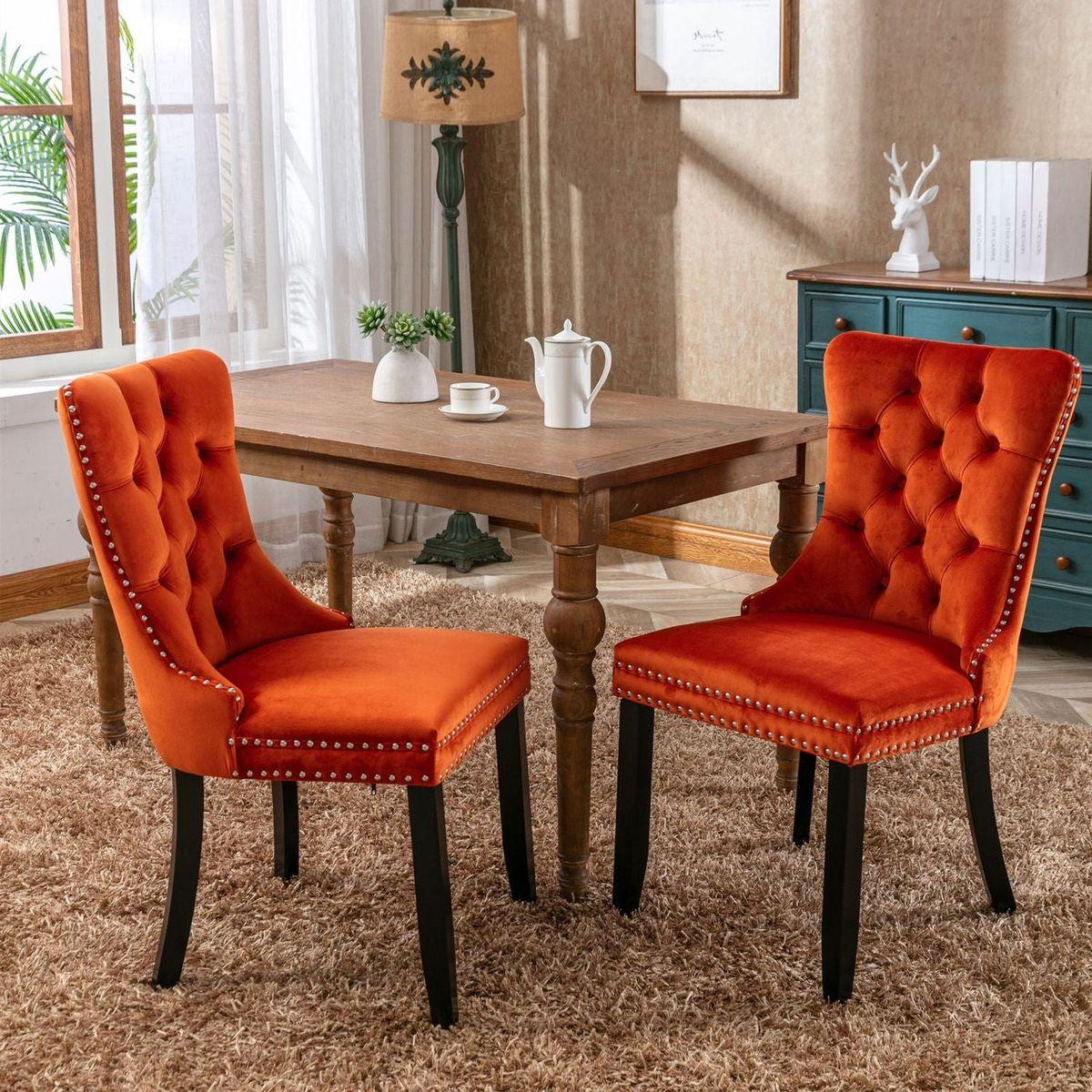 Nikki Collection Modern, High-end Tufted Solid Wood Contemporary Velvet Upholstered Dining Chair with Wood Legs Nailhead Trim 2-Pcs Set, Orange