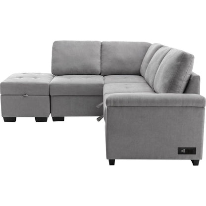 Sleeper Sectional Sofa, L-Shape Corner Couch Sofa-Bed with Storage Ottoman & Hidden Arm Storage & USB Charge for Living Room Apartment, Gray