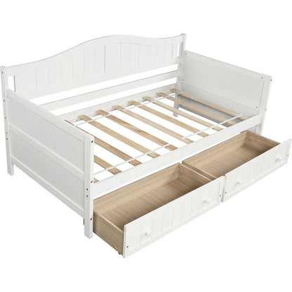 Twin Wooden Daybed with 2 drawers, Sofa Bed for Bedroom Living Room, No Box Spring Needed, White