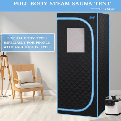 Portable Plus Type Full Size Steam Sauna tent. Spa, Detox, Therapy and Relaxation at home.Larger Space, Stainless Steel Pipes Connector Easy to Install, with FCC Certification--Black (Blue binding)