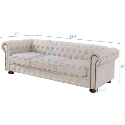 Chesterfield sofa beige linen fabric (Beige)