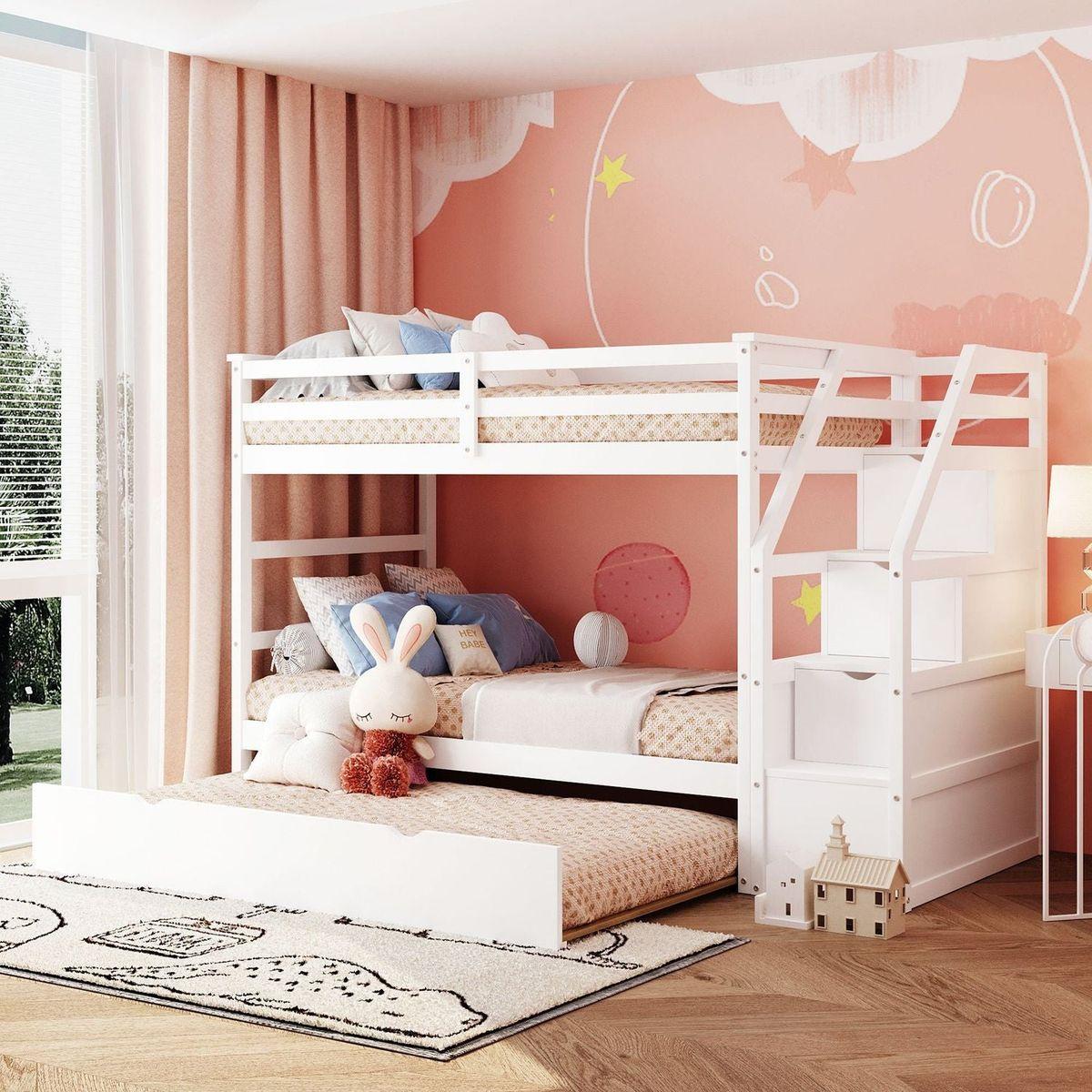 Twin-Over-Twin Bunk Bed with Twin Size Trundle and 3 Storage Stairs, White - Streamdale Furniture