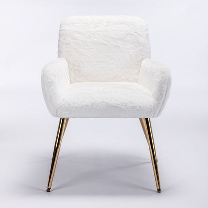 Artificial Rabbit Hair Dining Chair, Furry Desk Chair, Modern Faux Fur Chair for Teen Girls, Comfy Armchair with Golden Metal Legs for Living Room, Vanity Makeup Chair, Set of 2, White Rabbit Hair