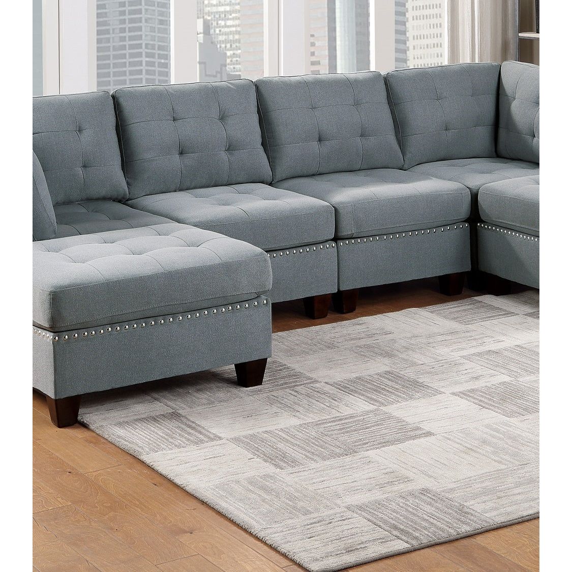 Modular Sectional 6pc Set Living Room Furniture U-Sectional Tufted Nail heads Couch Gray Linen Like Fabric 2x Corner Wedge 2x Armless Chairs and 2x Ottomans